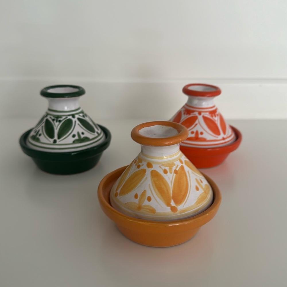 Set of three 3”mini Tagines. Cute accent to any room (orange green and yellow)